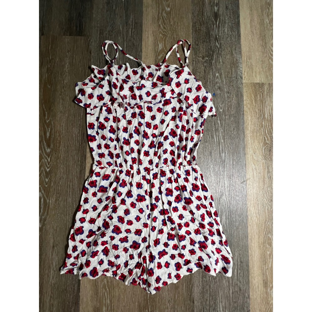George Floral Romper Women Small White Red Blue Ruffle Spaghetti Strap Poppy